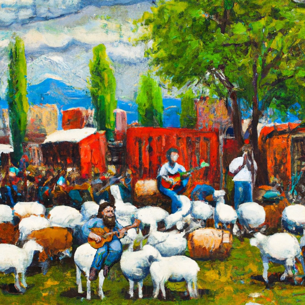 Colourful outdoor biergarten with musicians and greenery